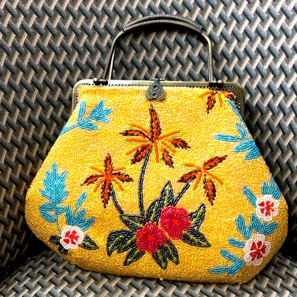 Yellow Floral Beaded Embroidered Vintage Handbag